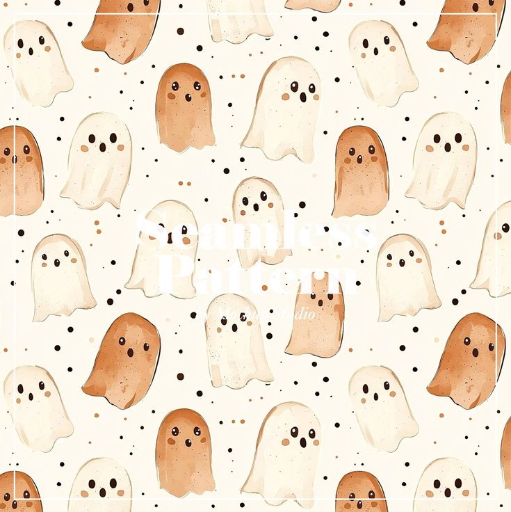 a group of halloween ghost faces on a white background with black dots in the middle