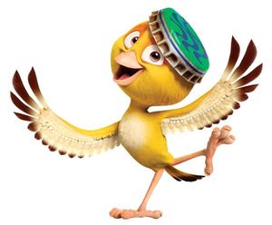 a yellow bird with a green and blue disc on it's head is dancing