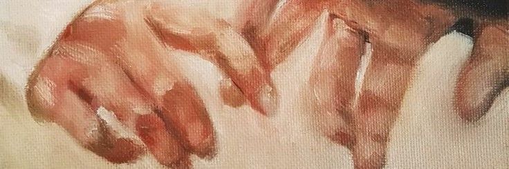 an oil painting of two hands holding each other's fingers, on a white background