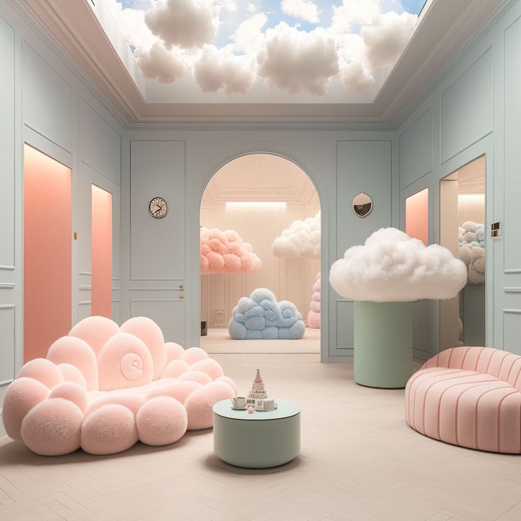 the interior of a room with clouds painted on the ceiling and pink furniture in the middle