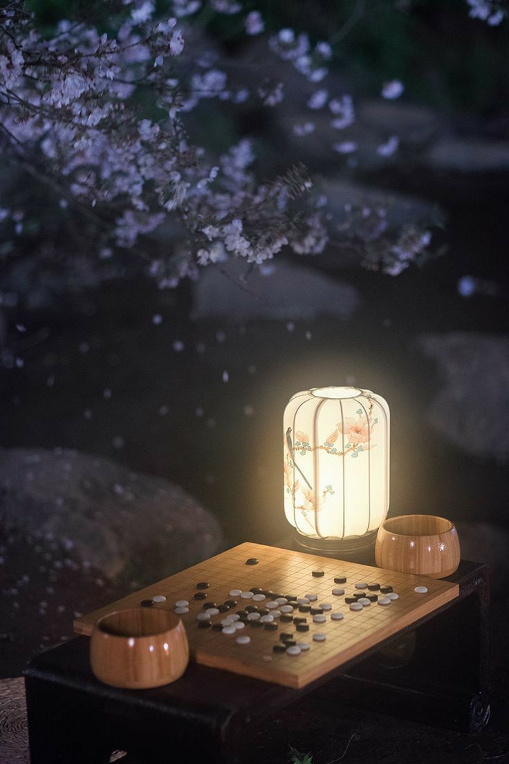 a light that is on top of a board game set with rocks and flowers in the background