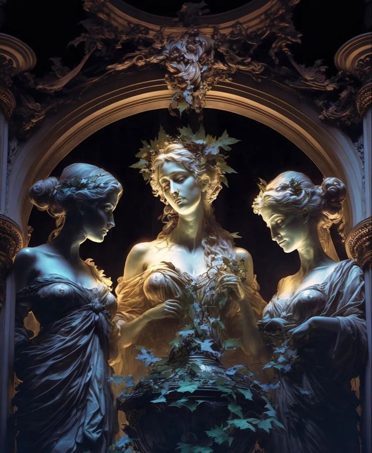 an image of three statues in front of a window