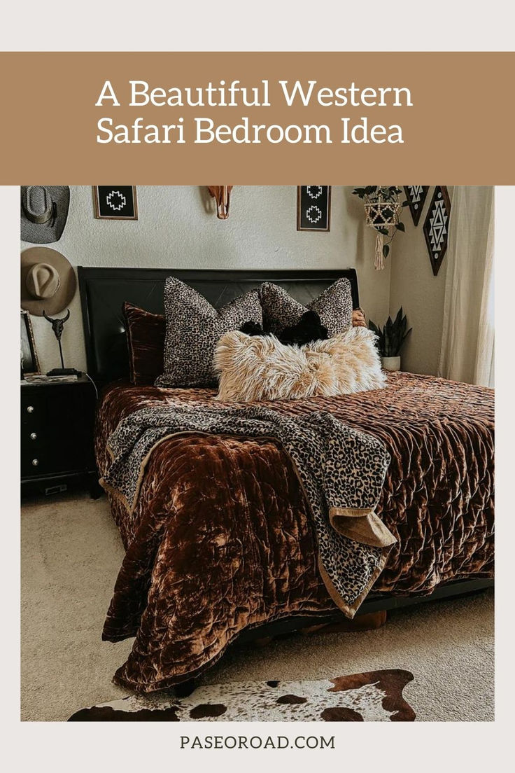 Stella Faux Silk Velvet Quilt + Western Safari Bedroom Idea Safari Bedroom, Turquoise Throw Pillows, Western Interior, Bedroom Transformation, Bedroom Idea, Safari Adventure, Walk On The Wild Side, Western Homes, The Homestead