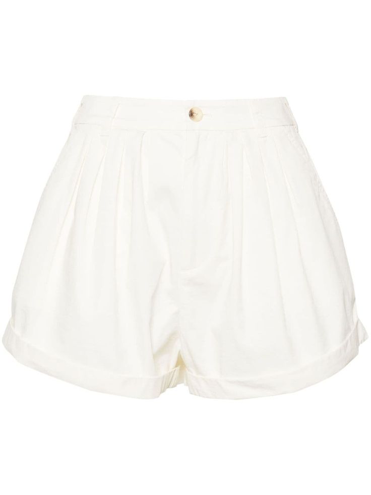 salt white cotton poplin texture pleat detailing button fly fastening turn-up hem thigh-length Cotton Bottoms With Pleated Waist In Short Length, Cotton Bottoms With Pleated Waist And Short Length, White Bottoms With Pleated Hem In Short Length, White Pleated Hem Bottoms In Short Length, Cotton Bottoms With Pleated Hem For Daywear, Chic White Bottoms With Button Cuffs, White Pleated Short Length Bottoms, Classic White Shorts For Daywear, Summer White Bottoms With Pleated Hem