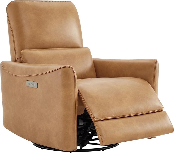 the reclining chair is tan leather and has an arm rest that can be folded down