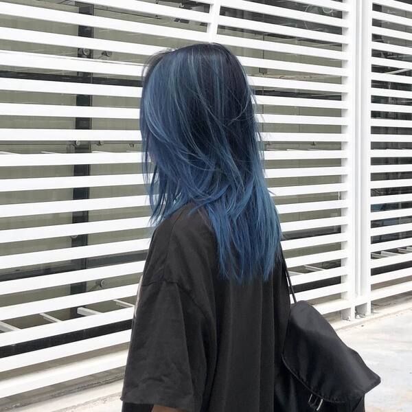 Ice Blue Highlights In Black Hair, Hair Styles For Blue Hair, Black Hair And Blue Highlights, Dark Roots Blue Hair, Dark Green Hair Highlights Brunettes, Blue Hilights Hair, Dull Blue Hair, Blue Black Hair With Bangs, Blue Hair With Blue Highlights