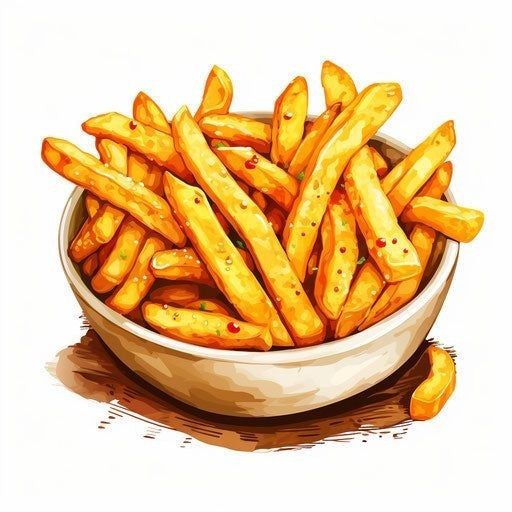 a bowl full of french fries on a white surface