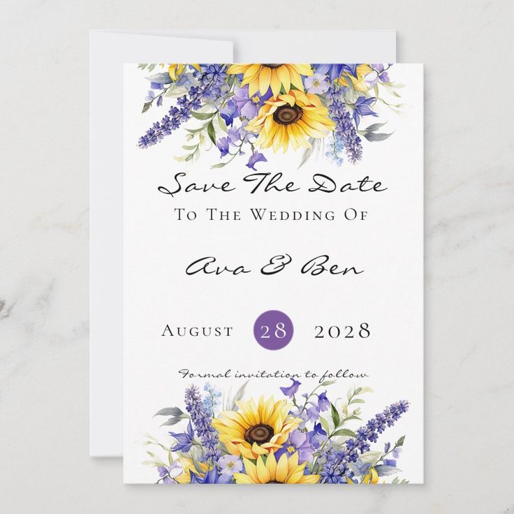 save the date card with sunflowers and lavender