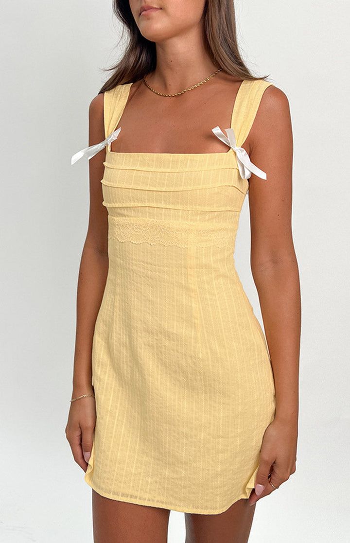 Yellow Mini Dress, Yellow Tie, Yellow Ties, Picnic In The Park, Beginning Boutique, Tie Bow, Strapless Tops, Mini Dress Shop, One Piece Swimwear