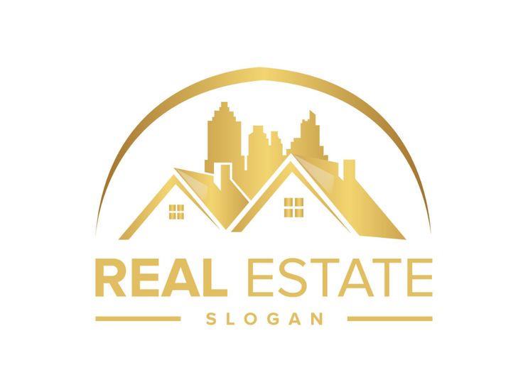 the real estate logo is shown in gold and white with a cityscape behind it