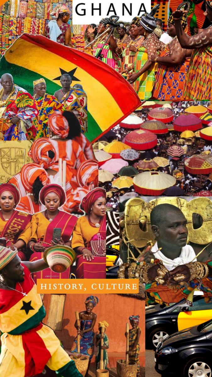 a collage of images with people and colorful objects in the background, including an african flag