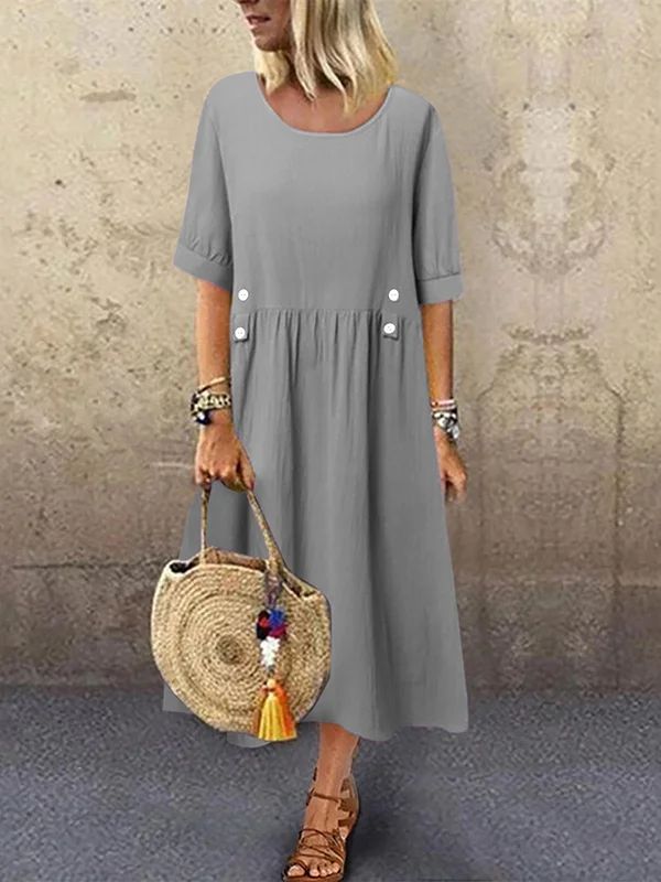 A-Line Loose Buttoned Pleated Round-Neck Midi Dresses Months Design, Dots Clothing, Polka Dots Outfit, Fuchsia Dress, Asymmetrical Blouse, Grey Midi Dress, Leisure Fashion, Sweater Trends, Linen Midi Dress