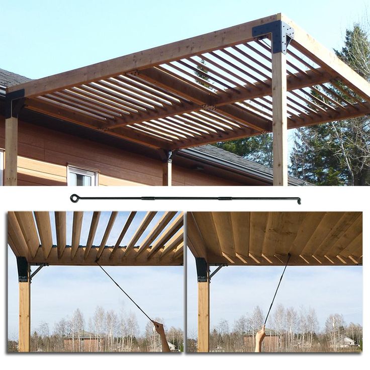 an image of a wooden pergolan roof and the same view from different angles