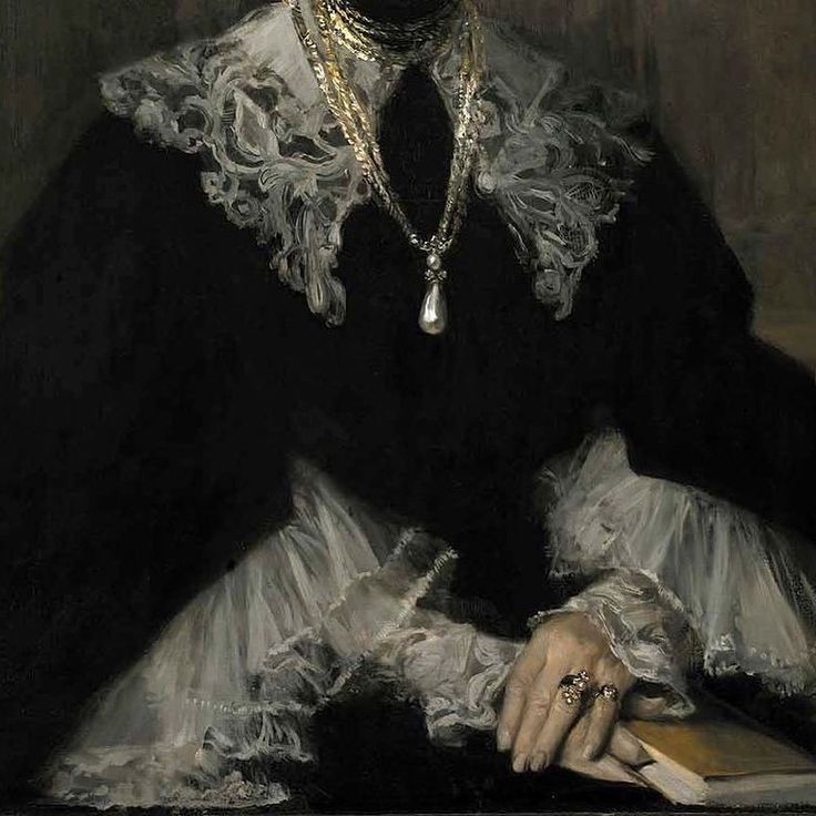 a painting of a woman in black and white dress holding a book with her hands