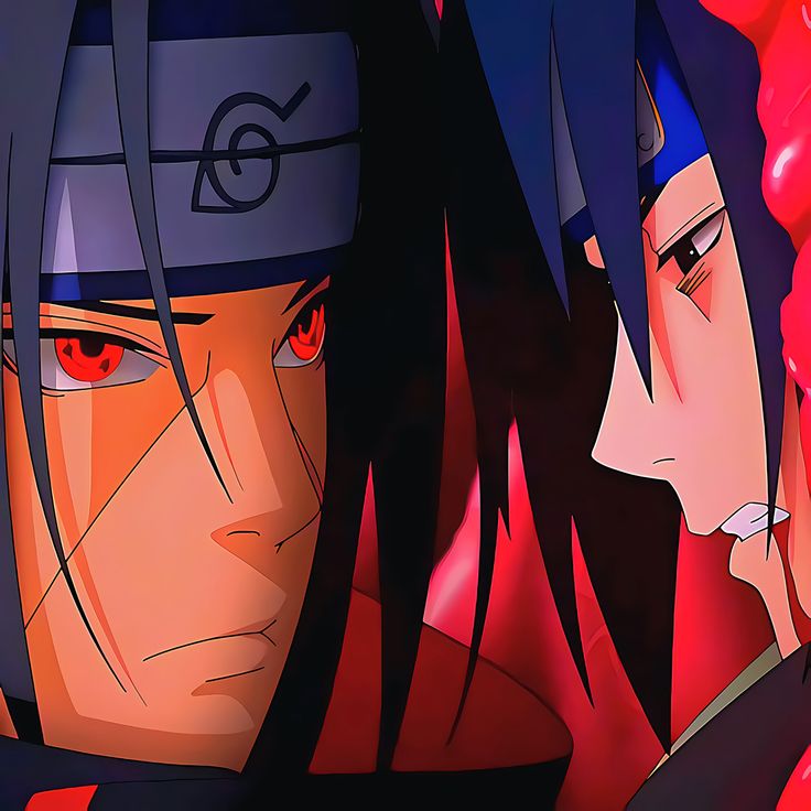 two anime characters with red eyes and black hair, one is staring at the camera