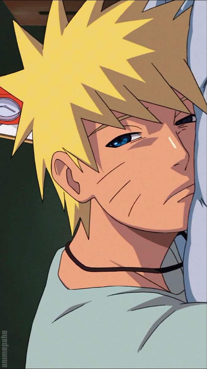 an anime character with blonde hair and blue eyes looking at something in the distance behind him