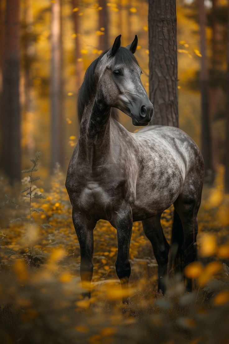 a horse standing in the middle of a forest with yellow leaves on it's ground