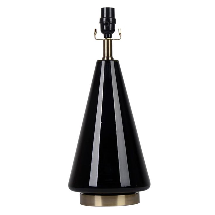 a black and white lamp with a gold base on a white background in the shape of a cone