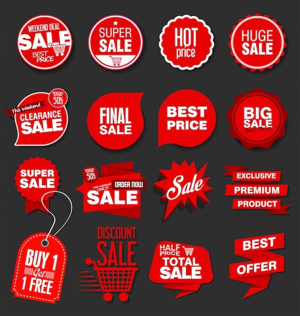 red stickers and tags for sale on black background stock photo - budget cutout