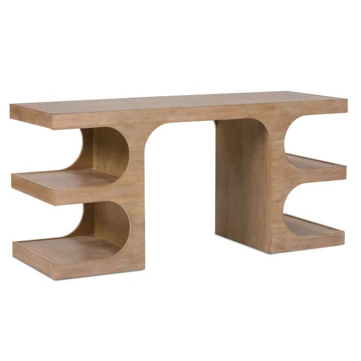 a wooden shelf with two shelves on each side