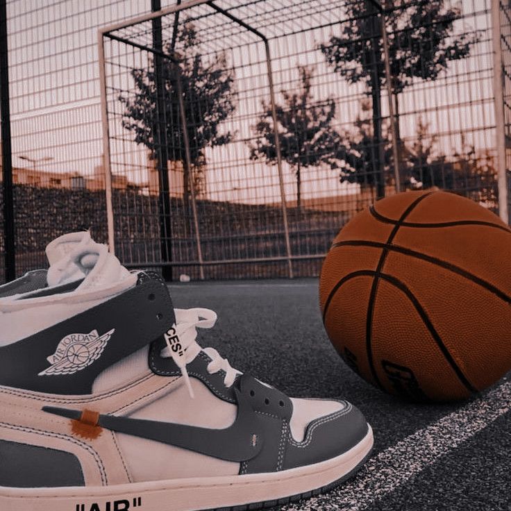 a pair of sneakers sitting next to a basketball