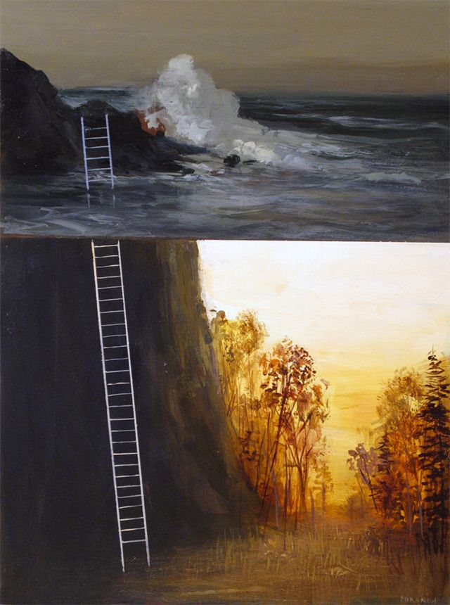 two paintings one with a ladder and the other with a painting of a wave crashing