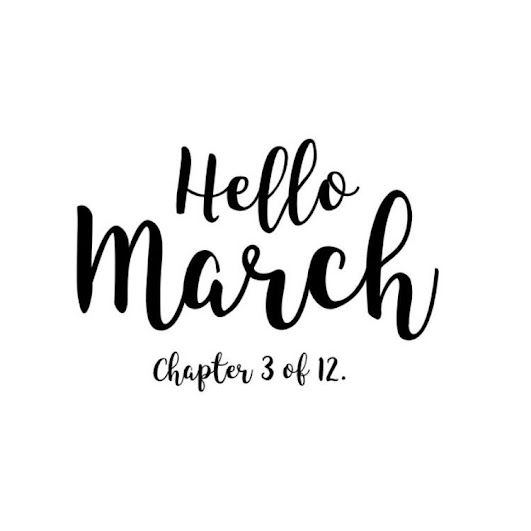 the words hello march written in black ink on a white background with an inscription below it