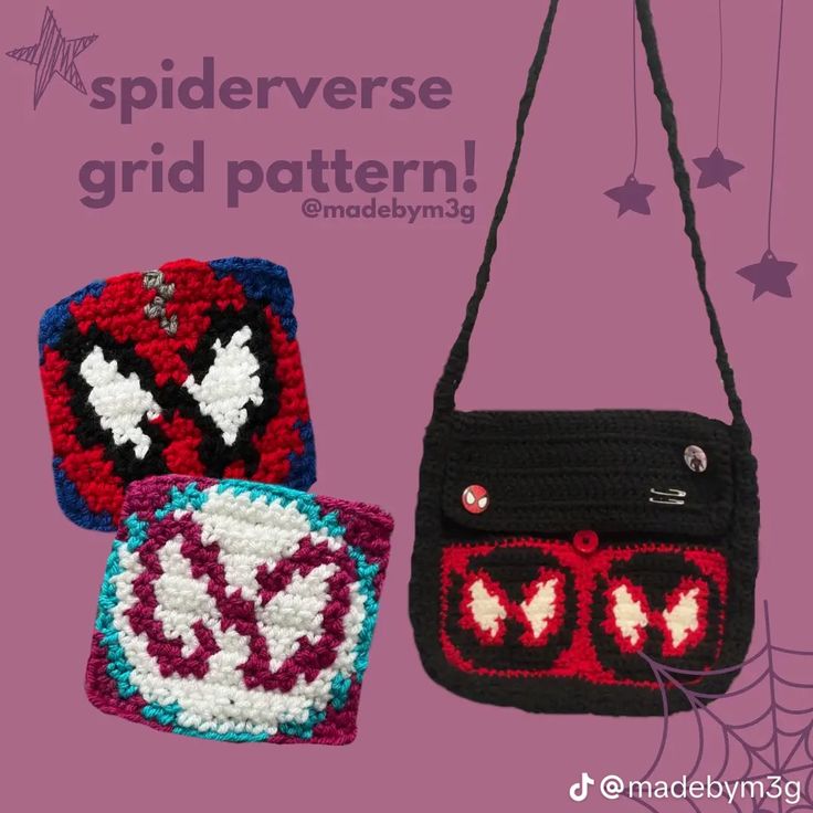 two crocheted purses hanging from strings with the words spiderverse grid pattern on them