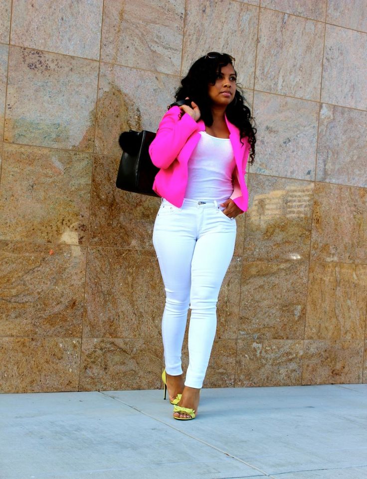 Wearing - Hot pink blazer, white tank top, Rag & Bone jeans, Gucci heels, Chanel handbag Hot Pink Blazer Outfit, Pink Blazer Outfit, White Denim Outfit, Hot Pink Blazer, Blazer And Jeans, Hot Pink Blazers, White Jeans Outfit, Chic Blazer, Blazer Outfit