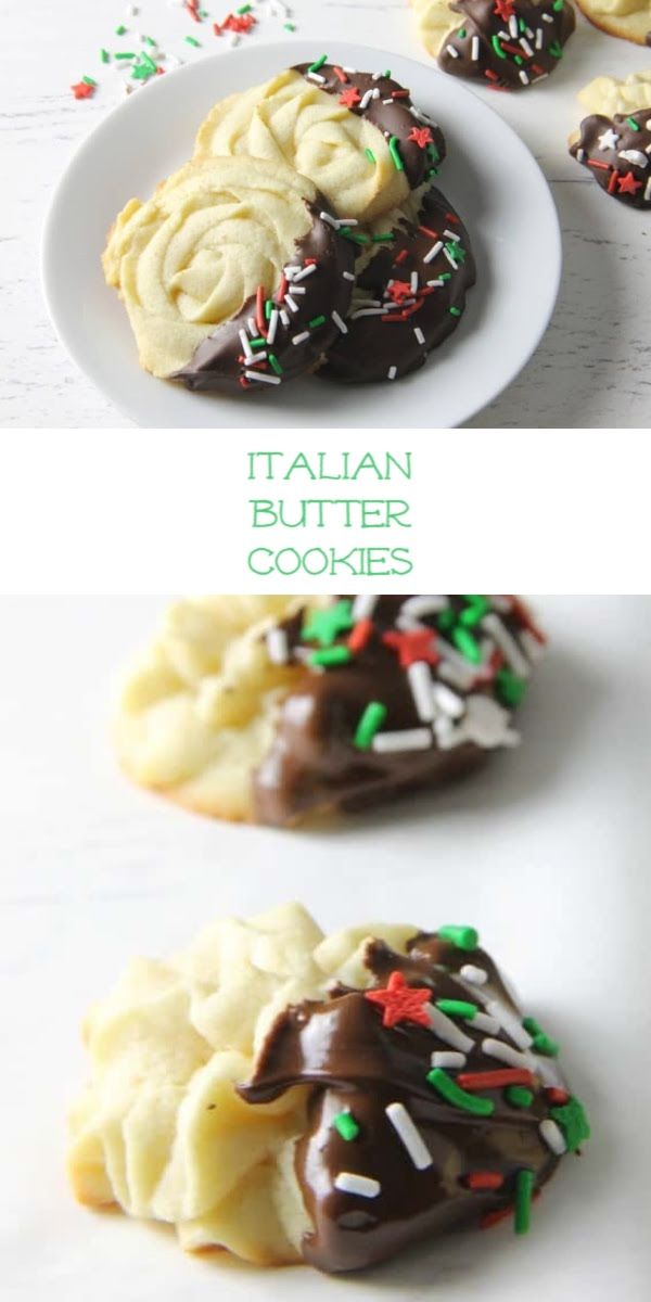 italian butter cookies with chocolate frosting and sprinkles on white plate, side by side