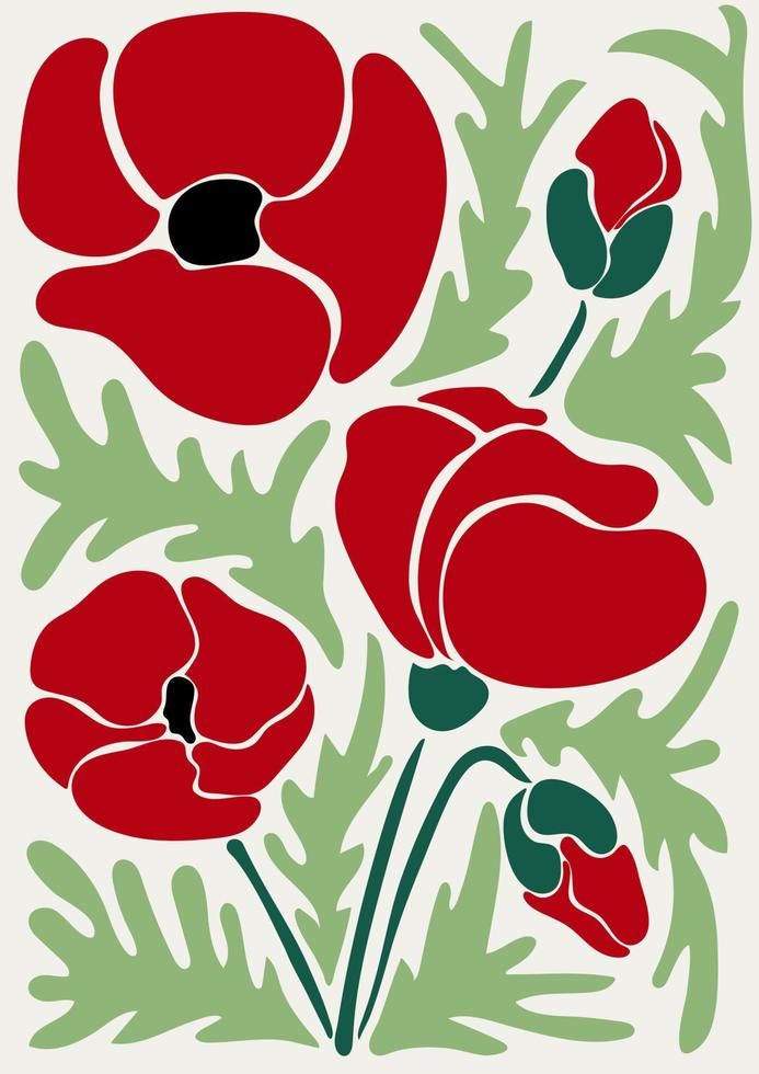 Trendy floral retro poster with red poppies Poppy Simple Drawing, Tote Bag Flower Design, Illustration Fleur, Poppies Illustration, Poppy Poster, Poppy Illustration, Poppy Flower Design, Printable Wall Collage, Red Poster