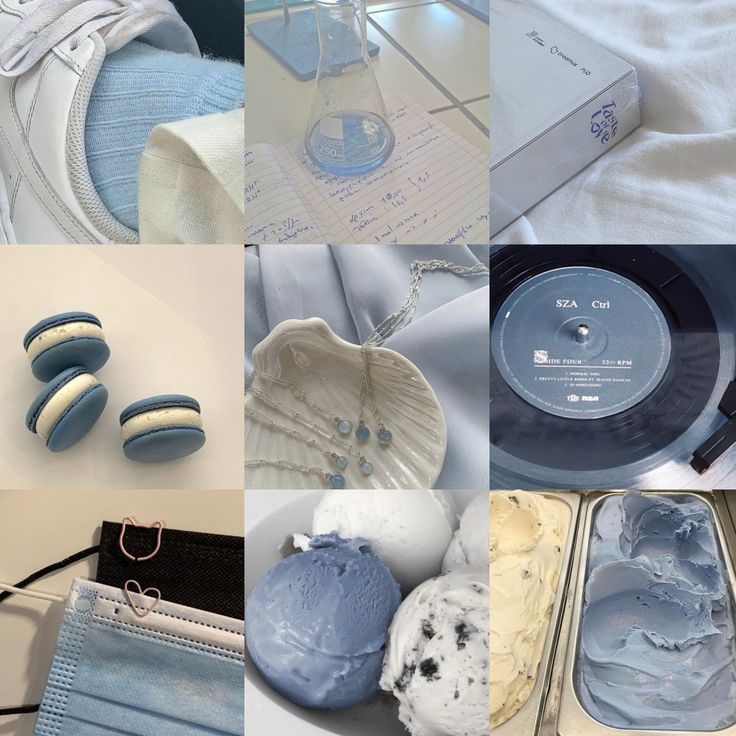 the collage shows various items that are blue and white