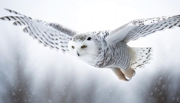 an owl flying through the air with snow falling on it