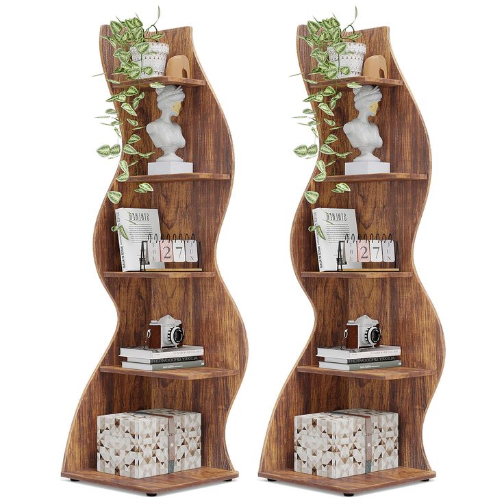 two wooden shelves with plants and books on them