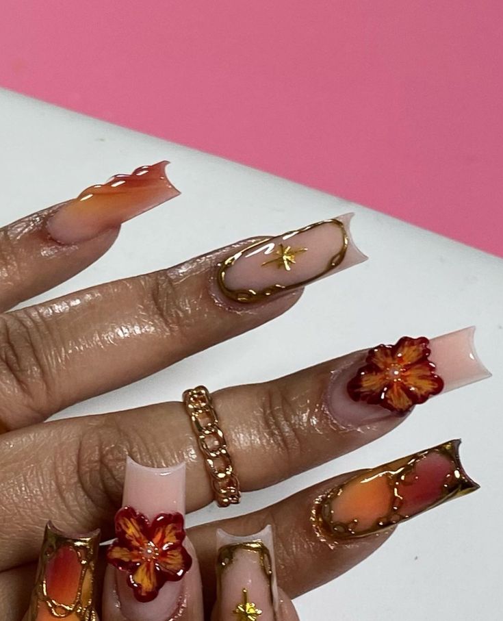 Nails With Gold Charms, Virgo Nails, Scorpio Nails, Girly Acrylic Nails, Her Nails, Classy Acrylic Nails, Short Square Acrylic Nails, Long Acrylic Nails Coffin, Unique Acrylic Nails