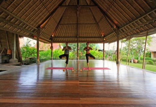 two women doing yoga on their pink mats in the middle of an open area with wood flooring