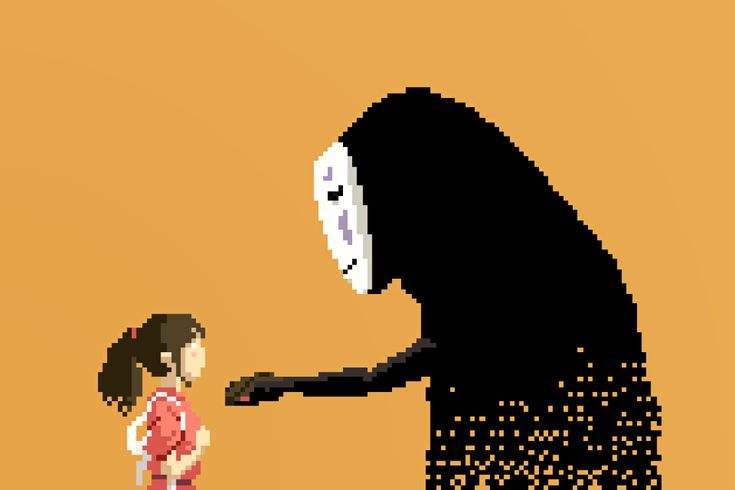 a pixelated image of a woman pointing at a giant black creature with her hand