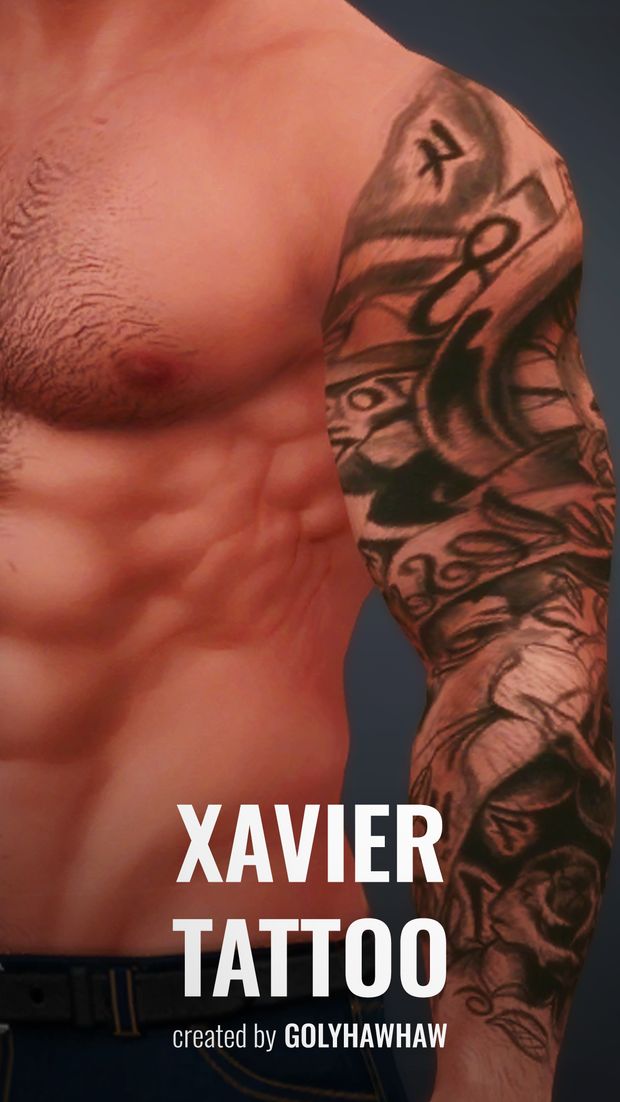 an image of a man with tattoos on his arm and chest, in front of the words xavier tattoo created by golywaw