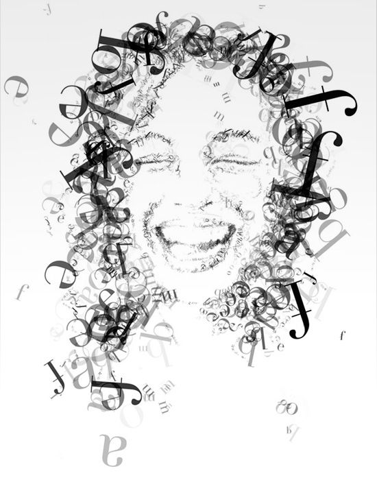 a black and white photo of a woman's face with letters all over it