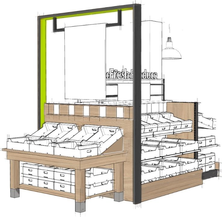 a drawing of a store display with boxes on the bottom shelf and shelves below it