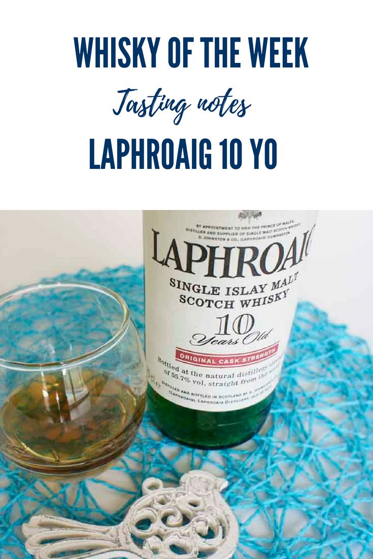 a bottle of laphroam next to a crochet doily with the words, whisky of the week tasting notes laphroam