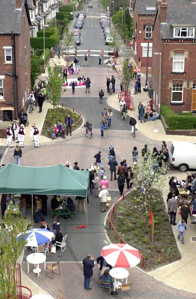 an aerial view of people walking down the street