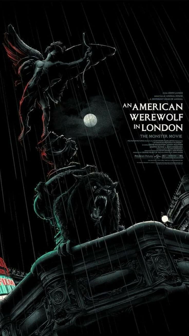 the poster for american werewolf in london shows an image of a man standing on top of a building