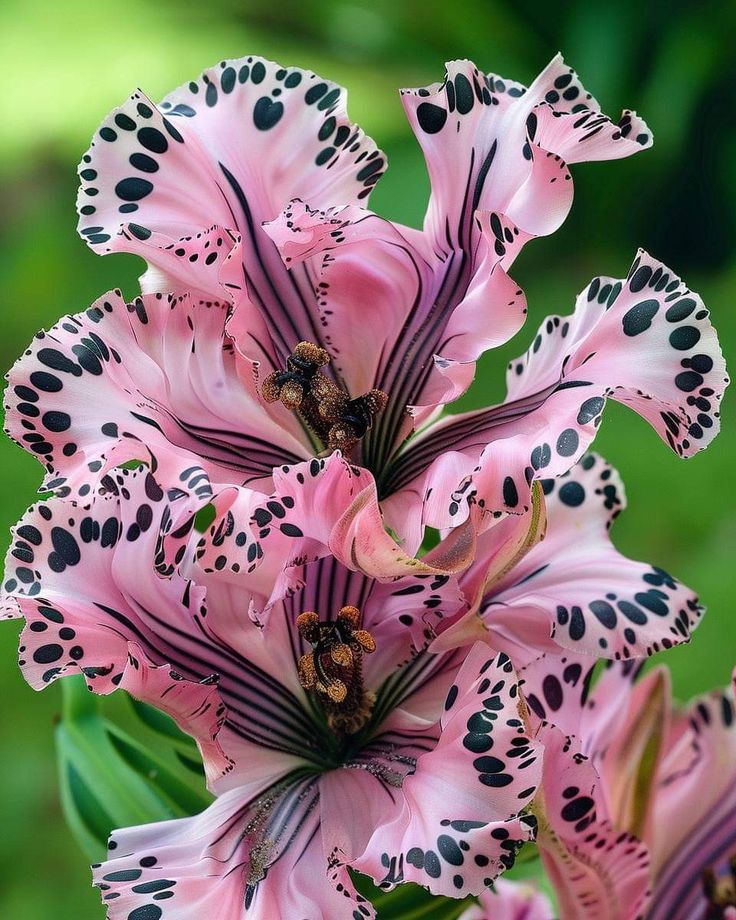 some pink flowers with black spots on them