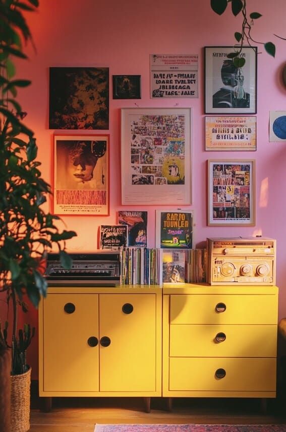 a living room with pink walls and posters on the wall, yellow dresser in foreground