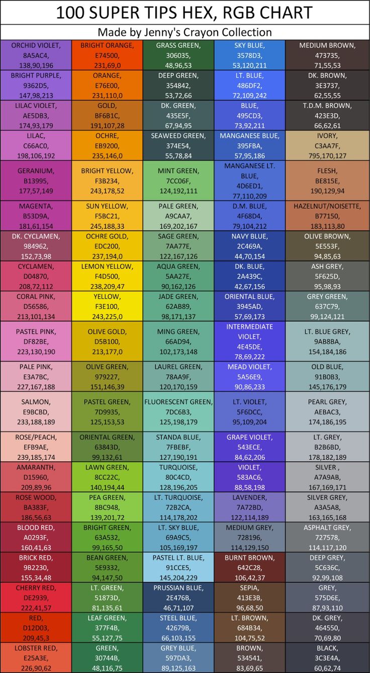 the top 100 super tips hex rgb chart