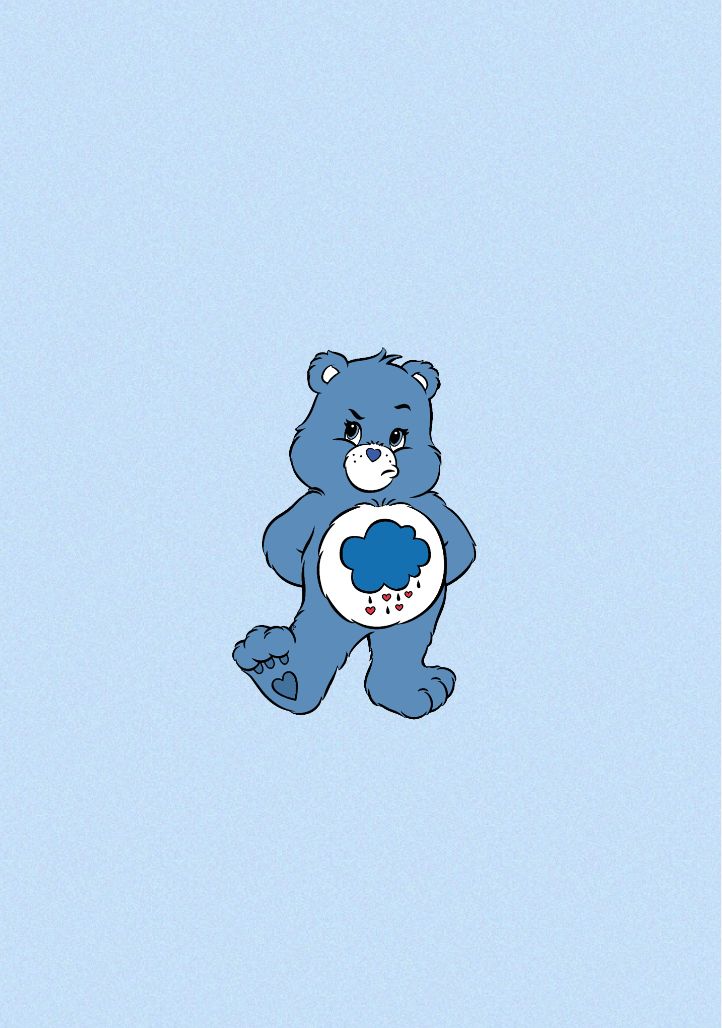 a blue teddy bear holding a donut in it's right hand and looking up at the sky