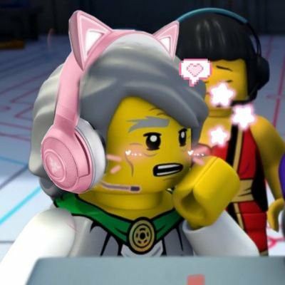 the lego movie character has headphones on and is pointing at another character with his finger