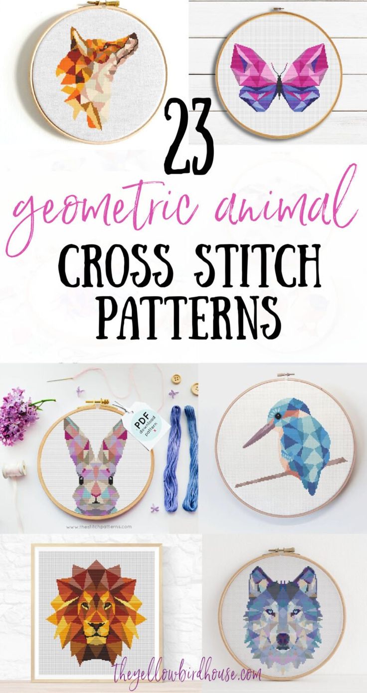 cross stitch patterns with the words 23 geometric animal cross - stitch patterns on it and an image