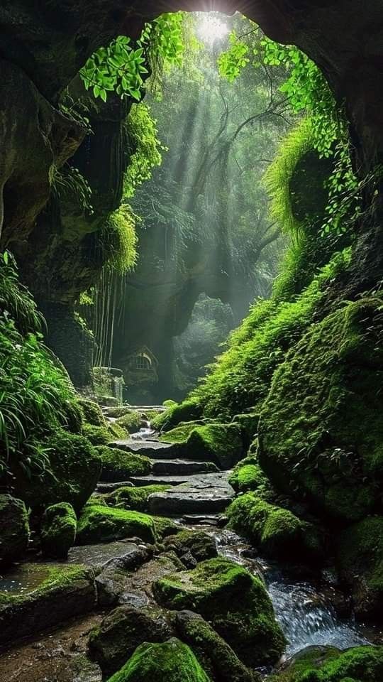 the light shines in through an opening into a forest filled with green mossy rocks